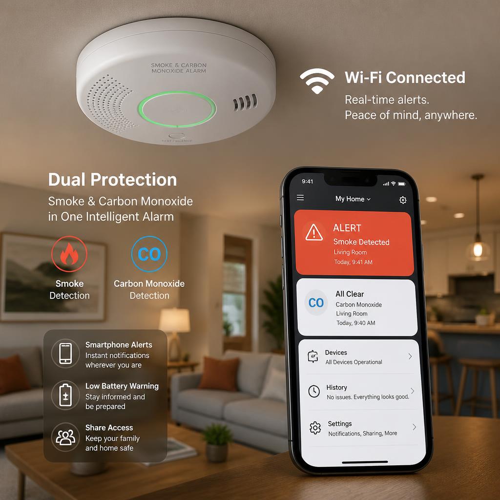 Wi-Fi connected smoke and carbon monoxide detector with a smartphone app showing home safety alerts