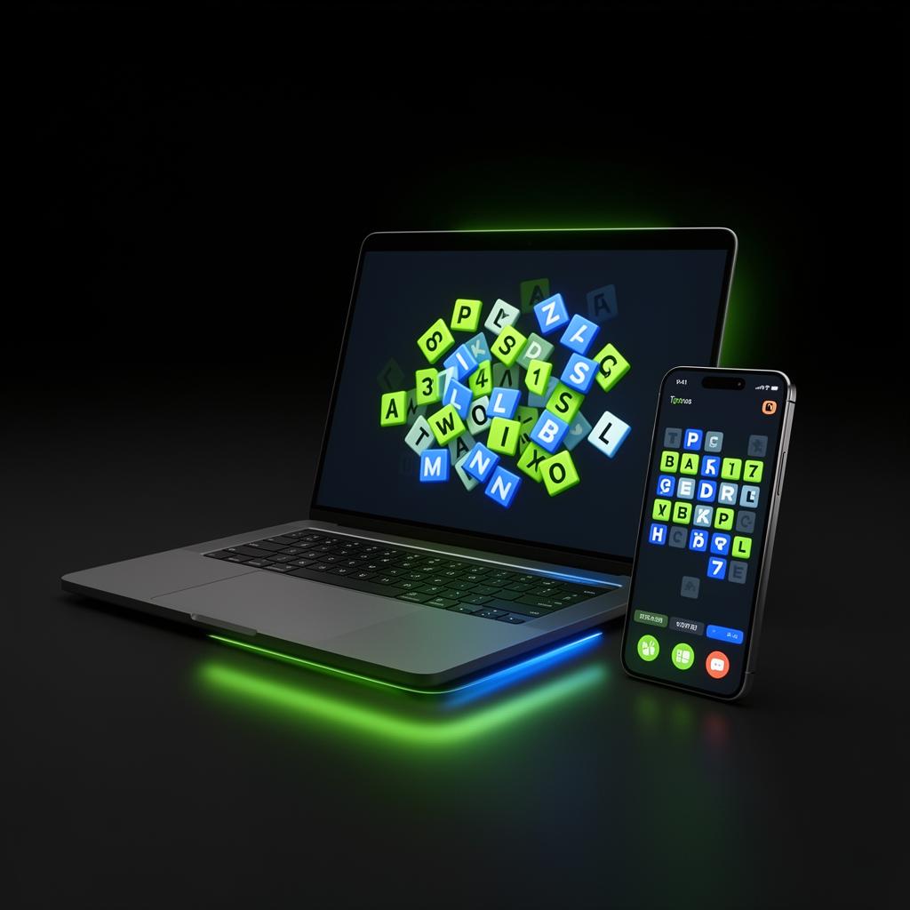 Laptop and smartphone displaying colorful word puzzle game interface with scattered letter tiles