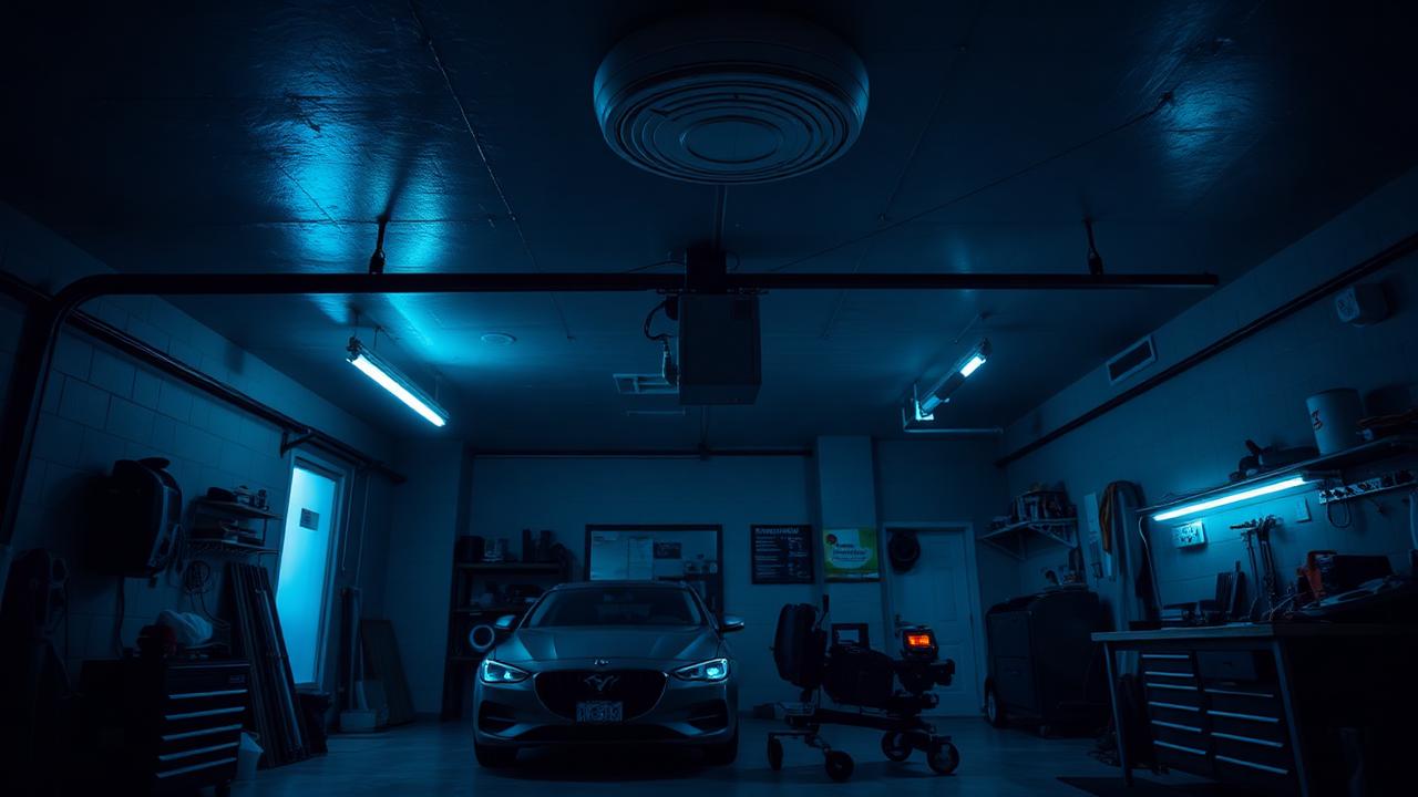 Residential garage interior with a car and a ceiling-mounted detector