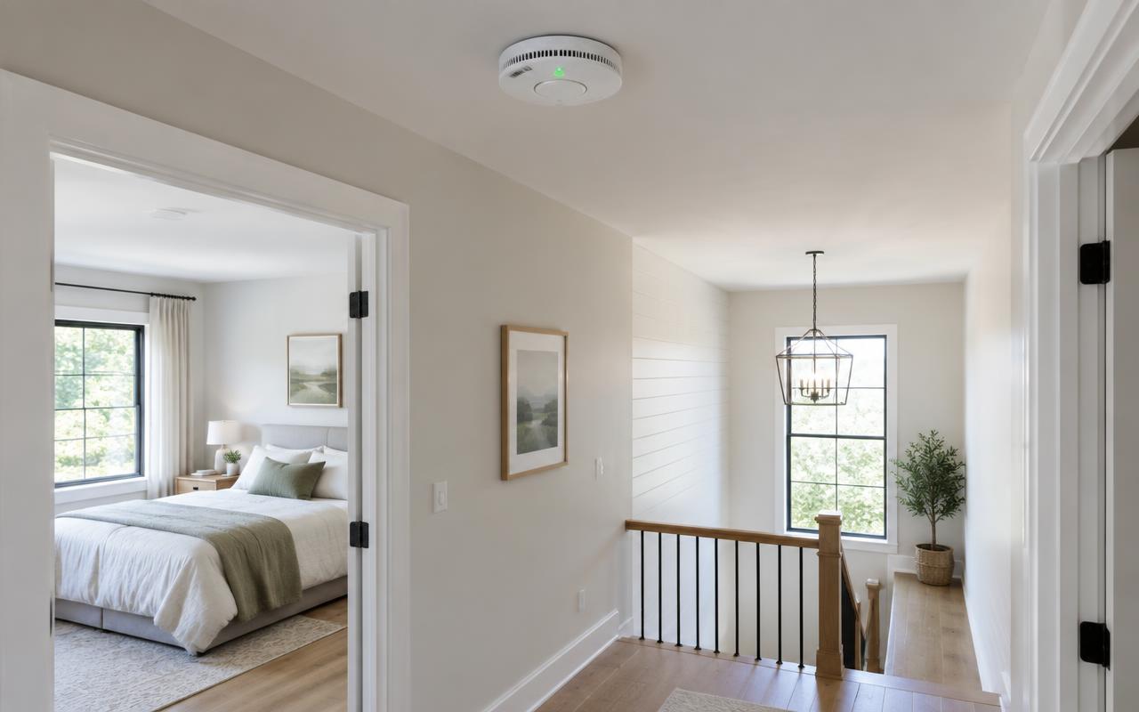 Combination smoke and carbon monoxide alarm on a home ceiling