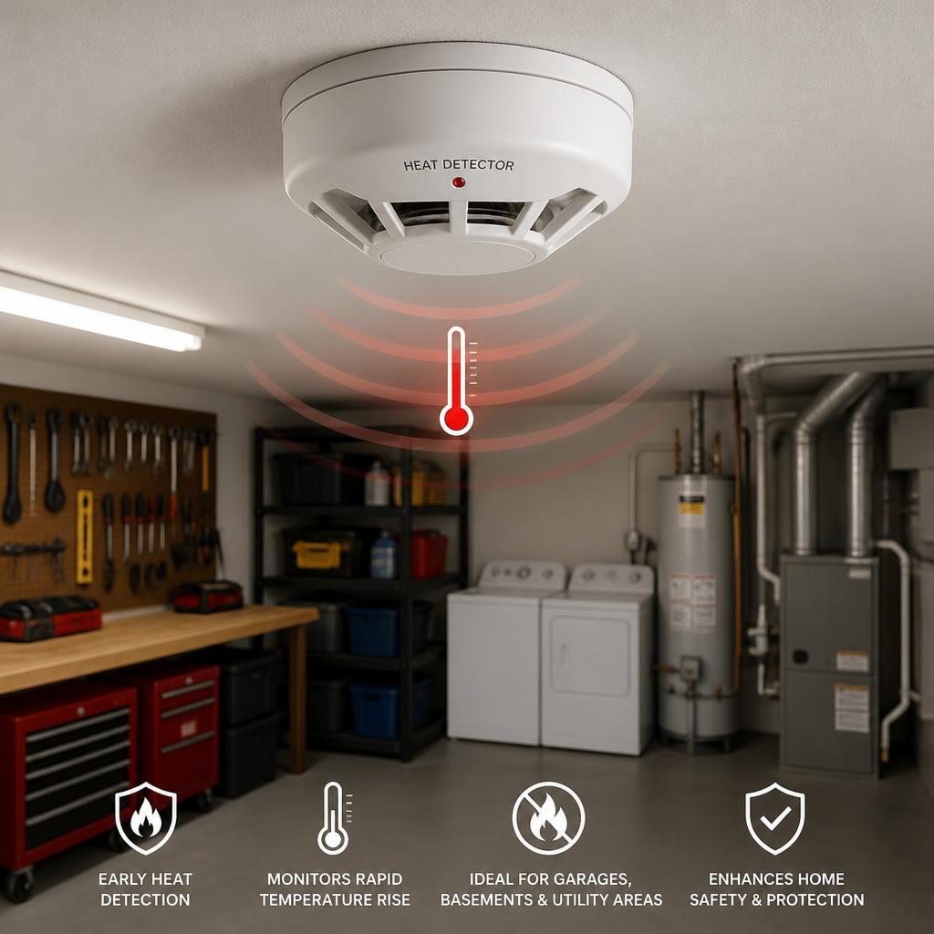 Heat detector mounted on a garage ceiling above tools and appliances for temperature-based fire safety