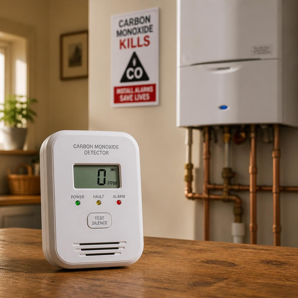 Portable carbon monoxide detector on a table near a home boiler with a CO safety warning sign