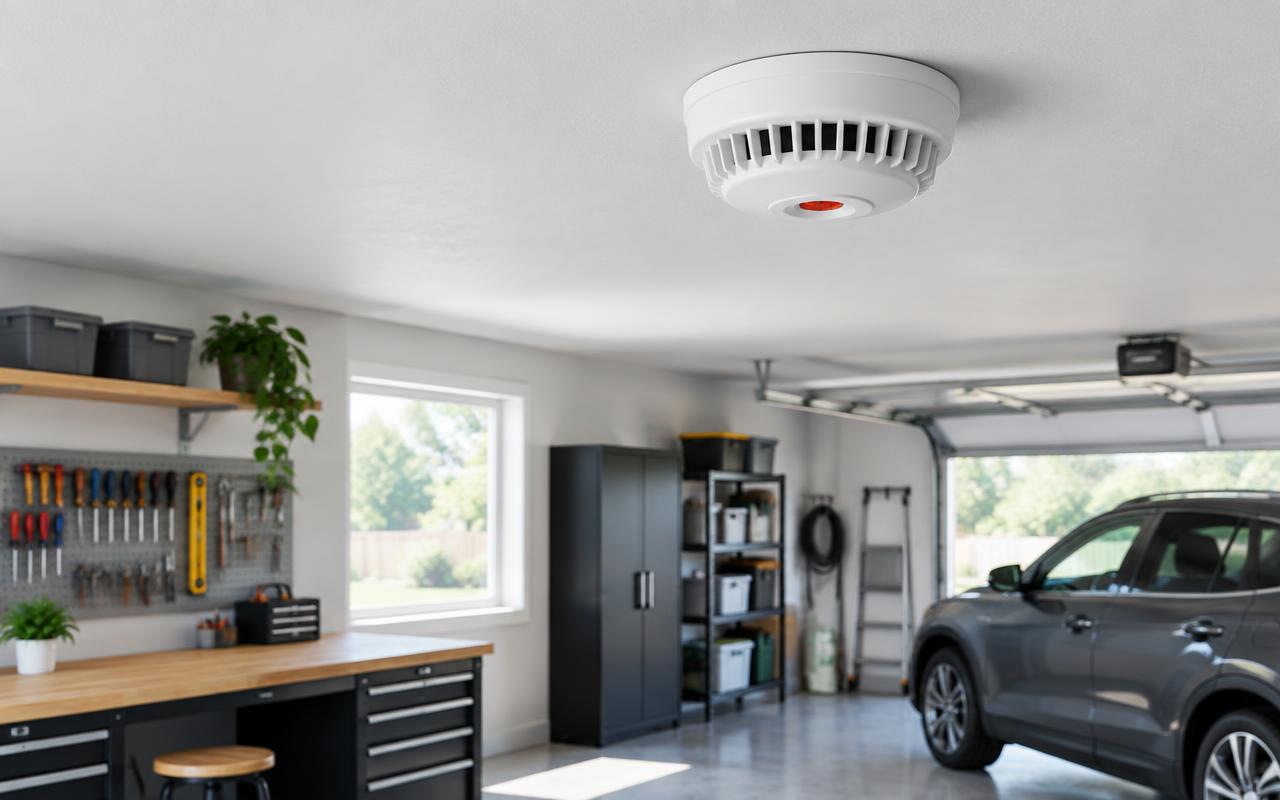 Heat alarm mounted in a residential garage