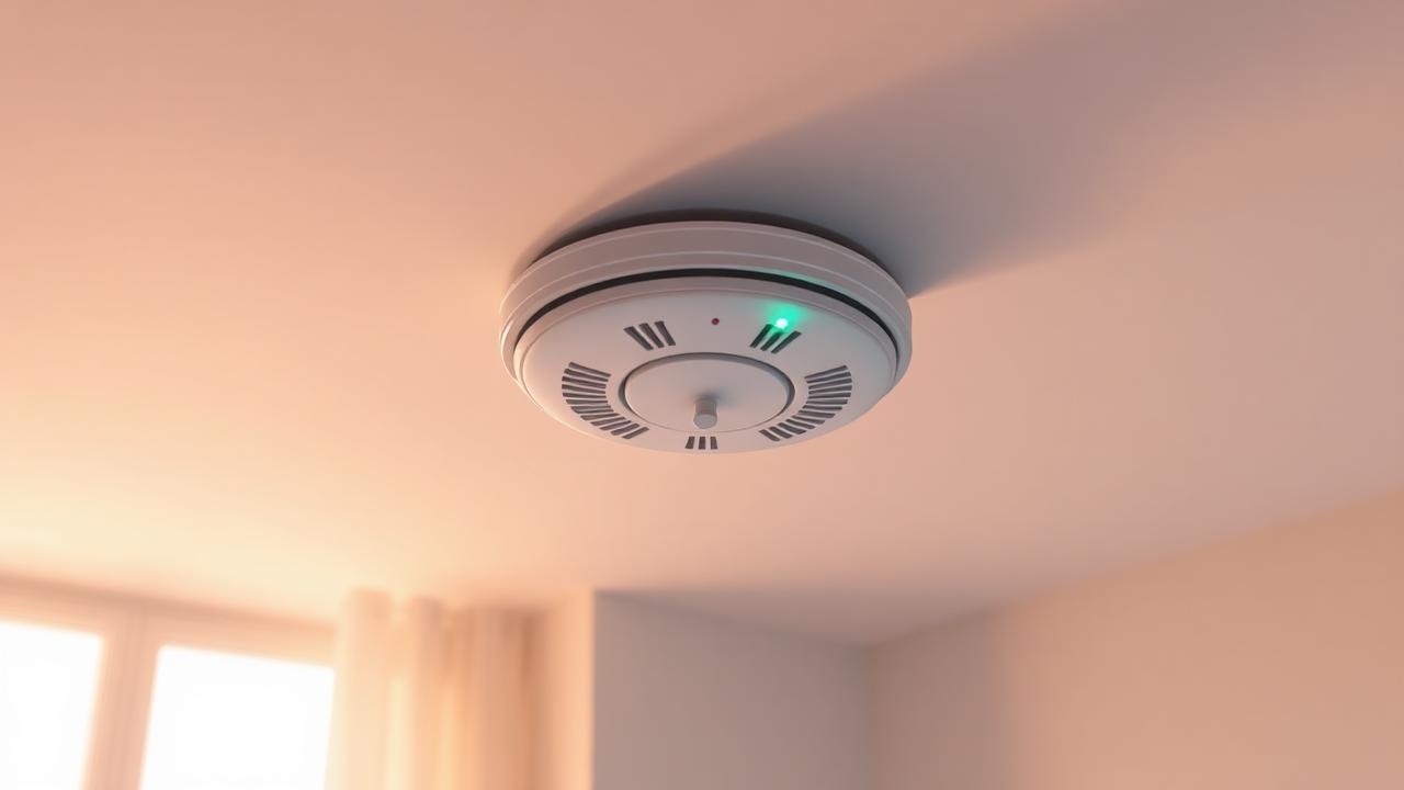 Properly installed ceiling-mounted smoke alarm with a green status light in a home