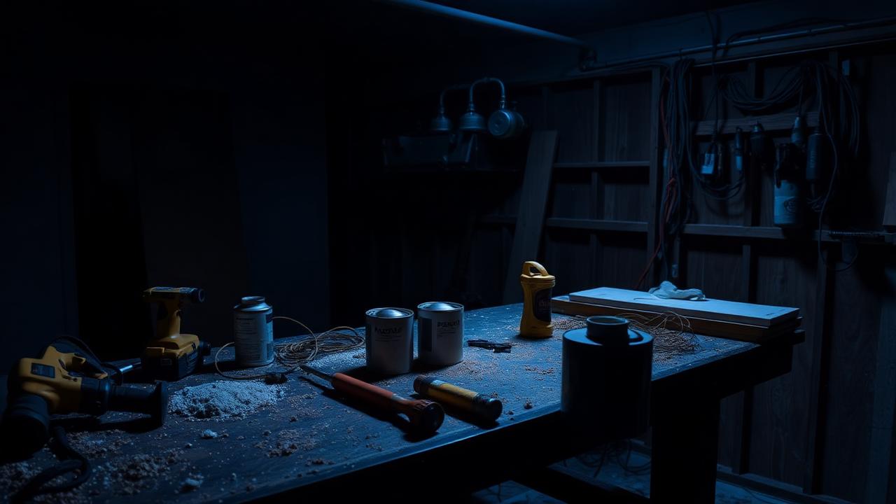 Home renovation workbench with power tools, paint cans and exposed wiring