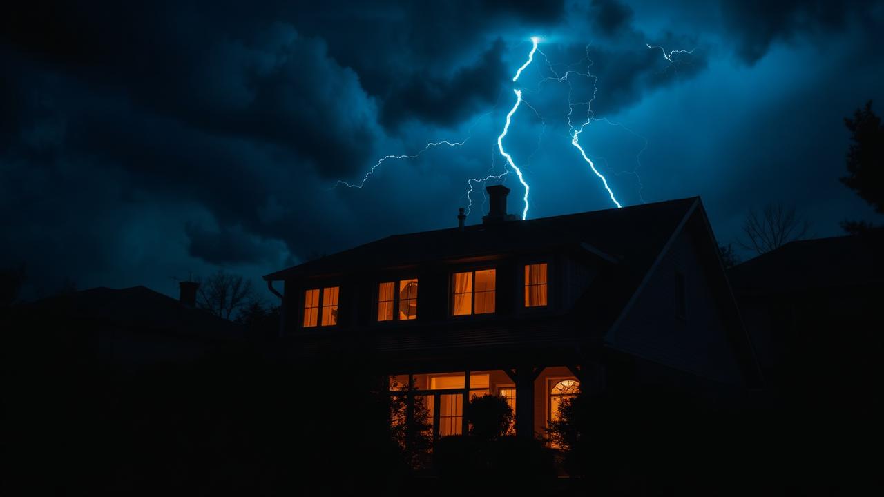 Suburban home at night during a storm illustrating the need for a family fire escape plan