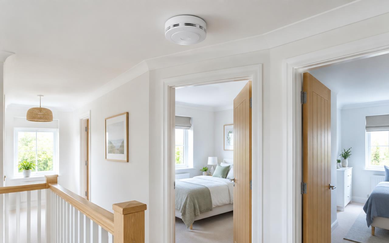 Smoke alarm installed in a bright home hallway
