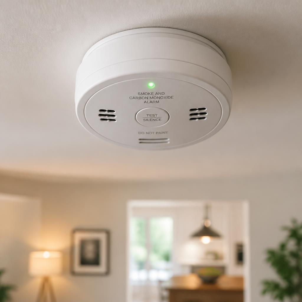 Combination smoke and carbon monoxide alarm mounted on a home ceiling with a green status light