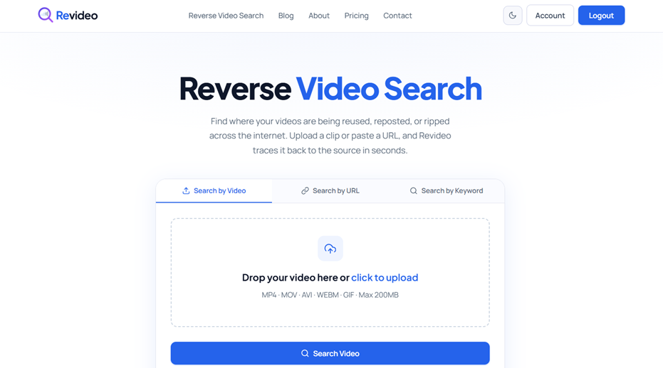 Revideo.io homepage showing the reverse video search interface with upload, URL, and keyword options