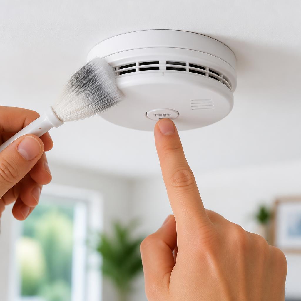 Hand dusting and testing a white ceiling smoke alarm during routine home maintenance