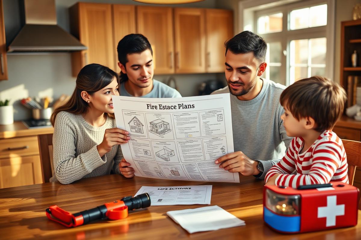 Family reviewing a home fire escape plan at a kitchen table with emergency supplies nearby