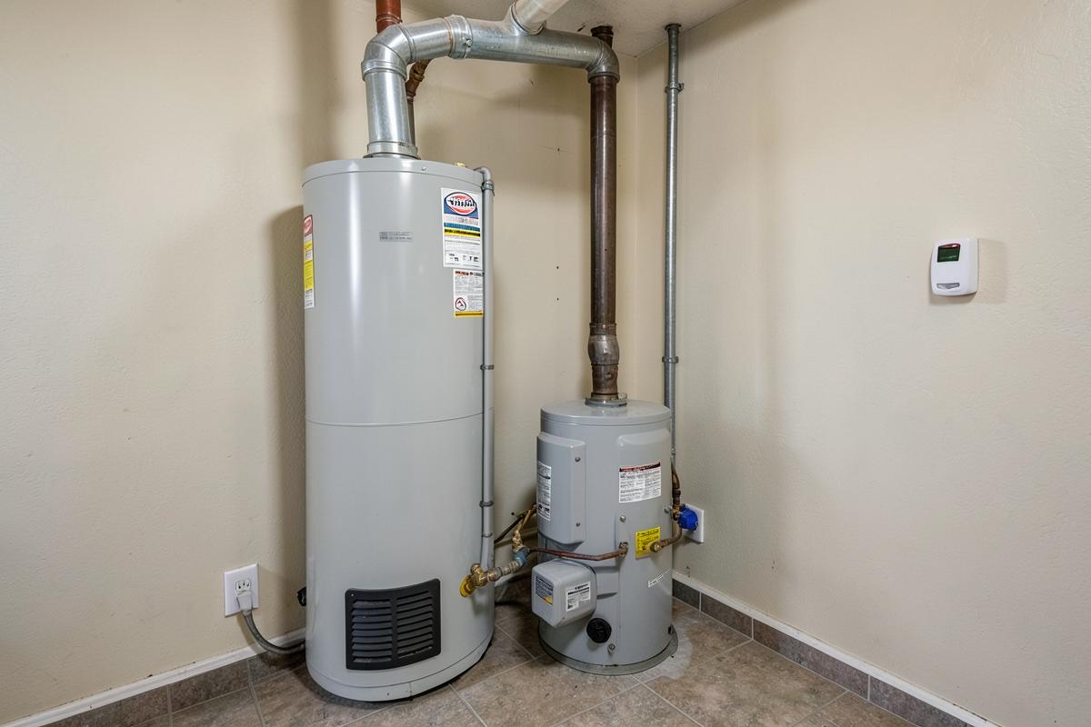 Home utility room with a gas furnace and water heater beside a wall-mounted carbon monoxide alarm