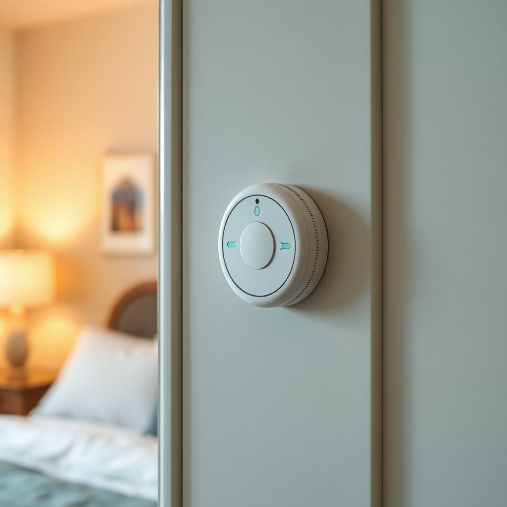 White carbon monoxide alarm mounted near a bedroom doorway in a warm home interior