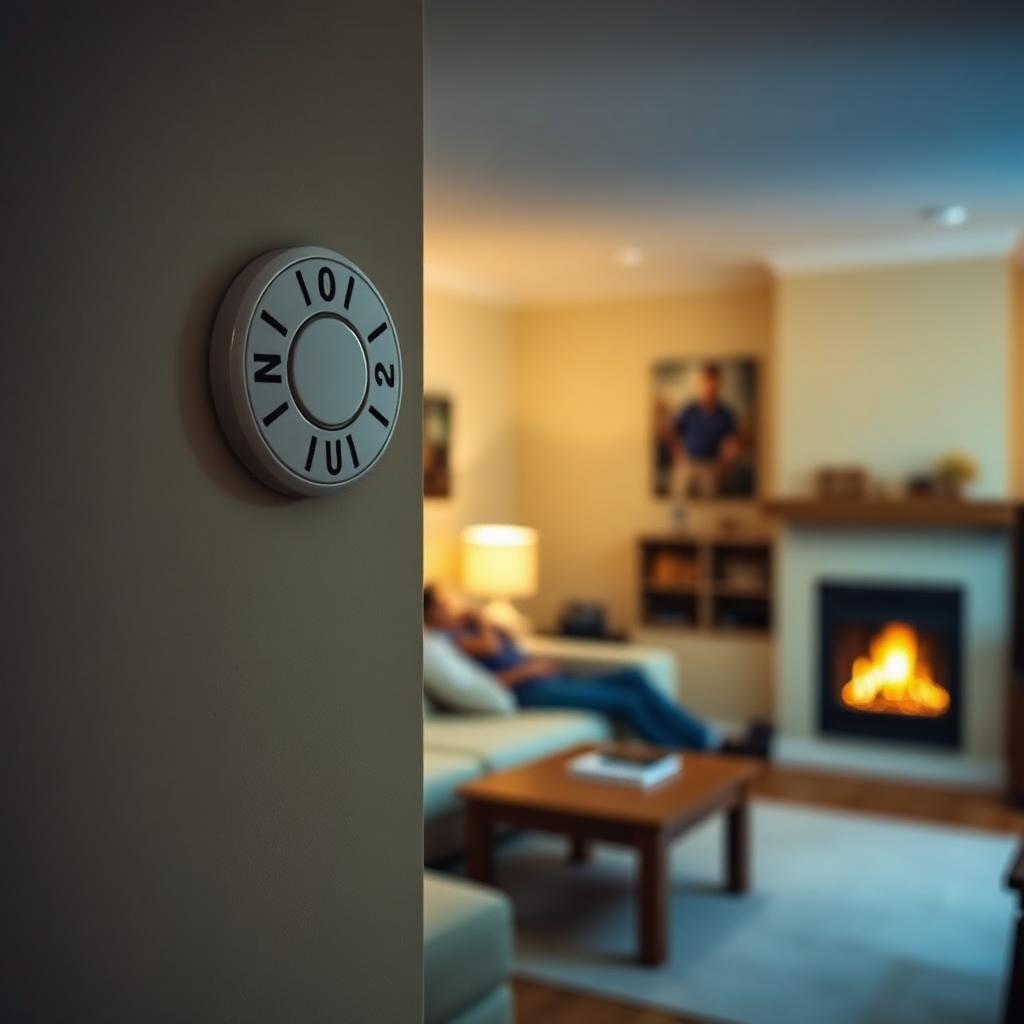 Wall-mounted carbon monoxide alarm in a family living room with a fireplace in the evening