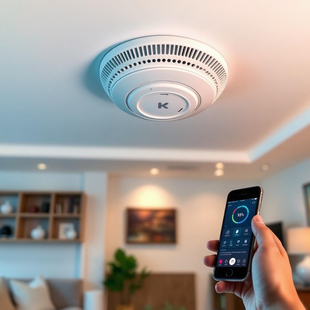Combination smoke and carbon monoxide alarm on a living room ceiling with a safety app on a phone