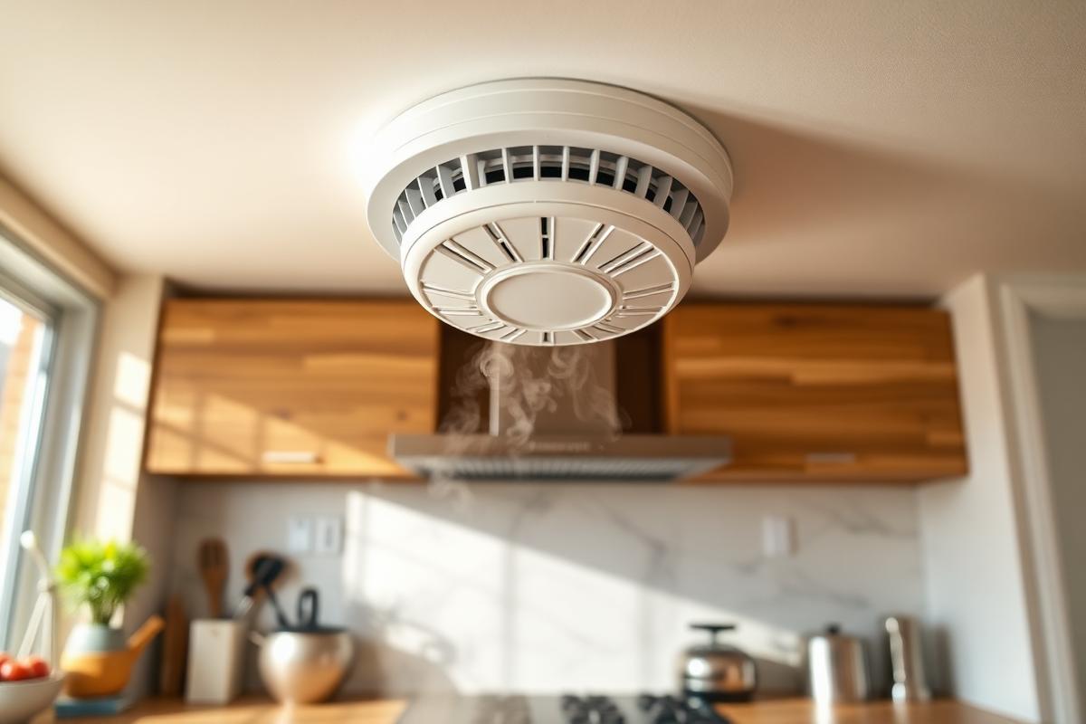 Ceiling-mounted heat alarm above a kitchen stovetop with rising steam