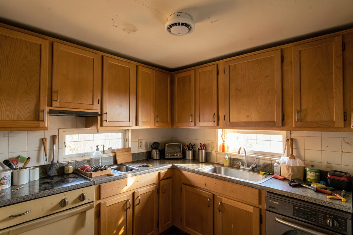Ceiling-mounted heat detector in a home kitchen and workshop area