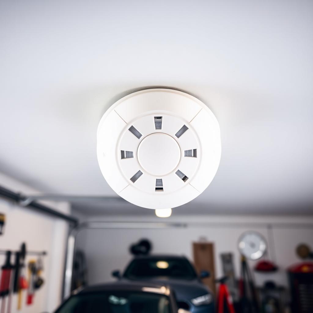 White heat detector mounted on a garage ceiling above a car and tools