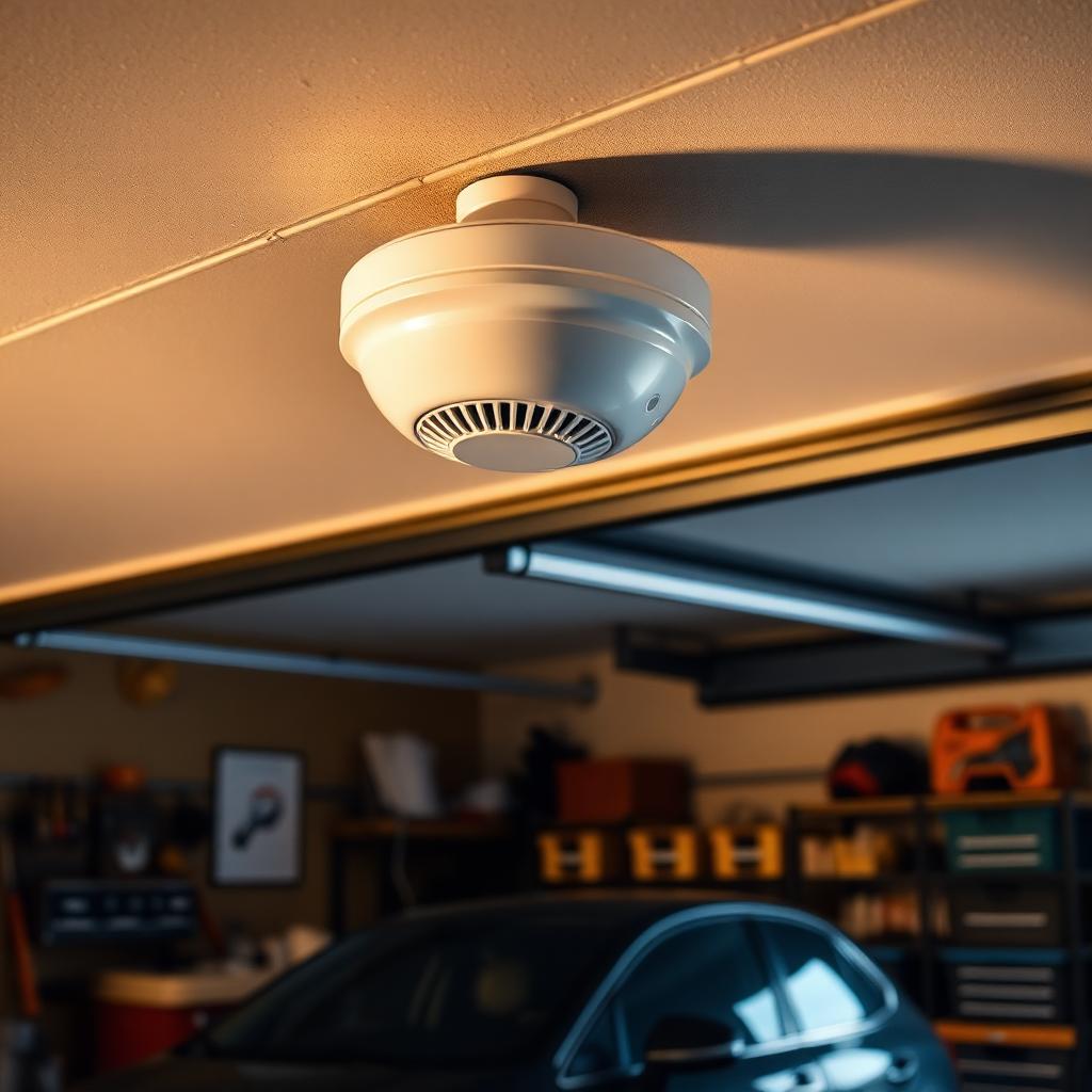 White heat detector mounted on a garage ceiling above a car and workbench with tools