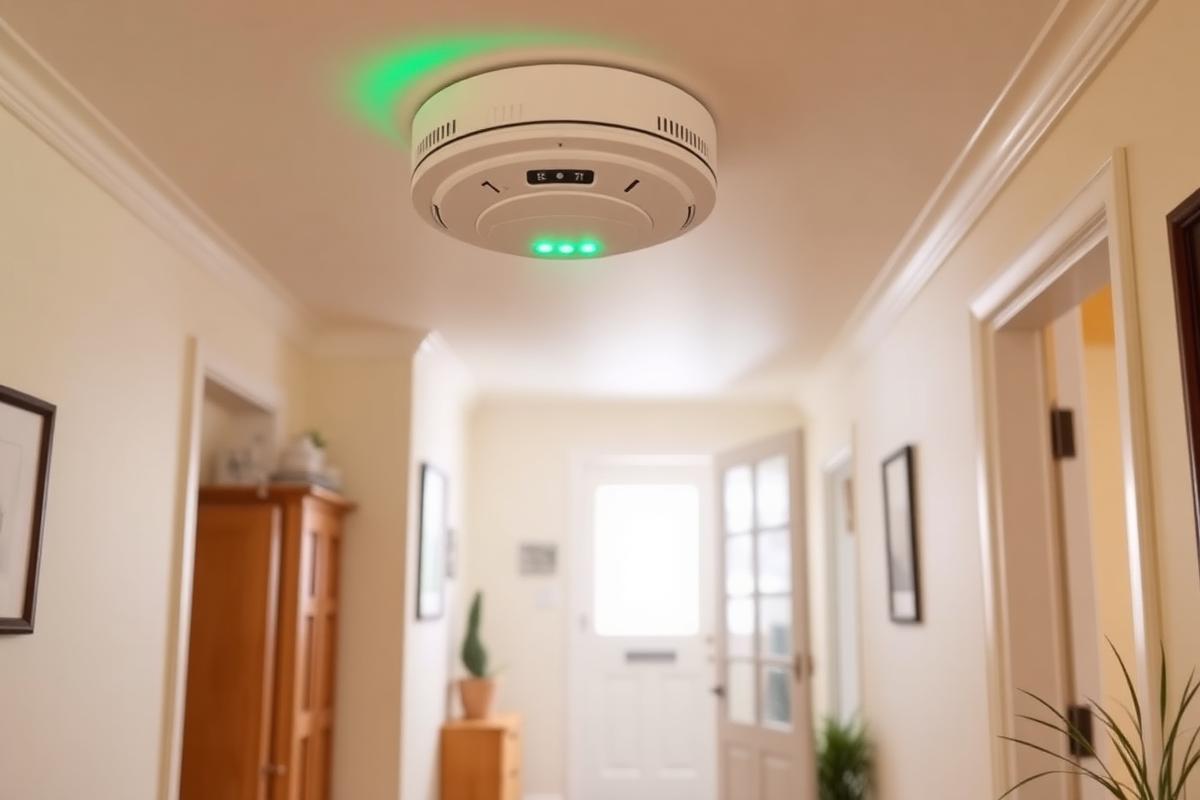 Ceiling smoke and carbon monoxide alarm with a green status light above a clear home hallway leading to an exit door