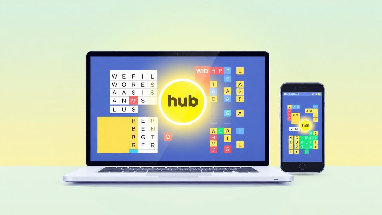Laptop and smartphone displaying word puzzle games including Wordle-style tiles and crossword grids around a central hub