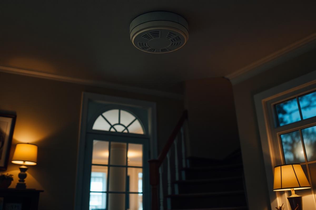 Combination smoke and carbon monoxide alarm on a home ceiling above a staircase at dusk