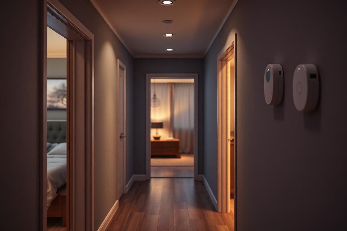 Softly lit home hallway at night with a wall-mounted carbon monoxide alarm near bedroom doors