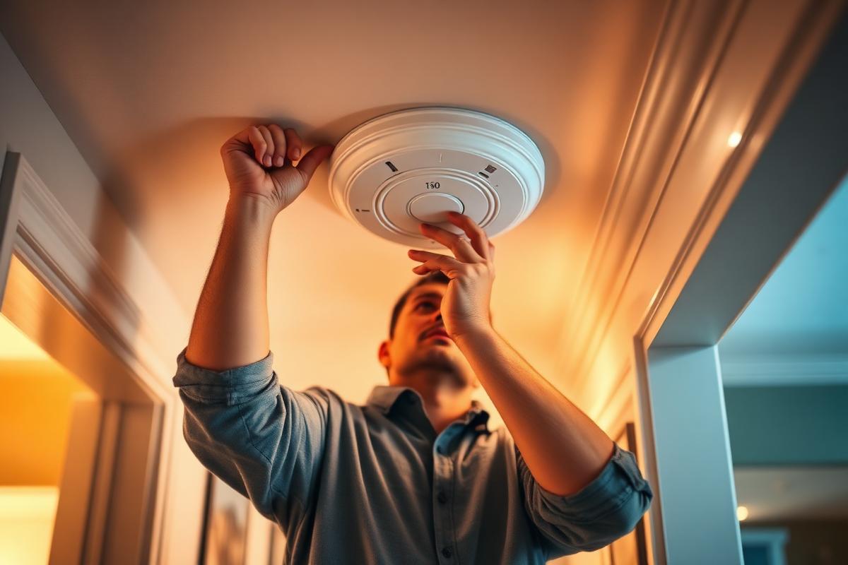 Homeowner installing a white smoke alarm on a hallway ceiling