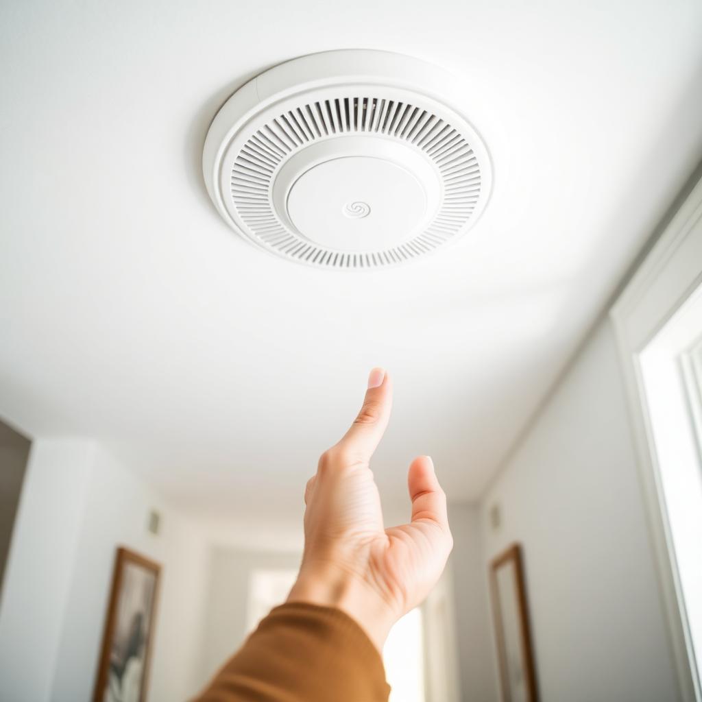 Homeowner reaching up to test a ceiling-mounted smoke alarm in a bright hallway