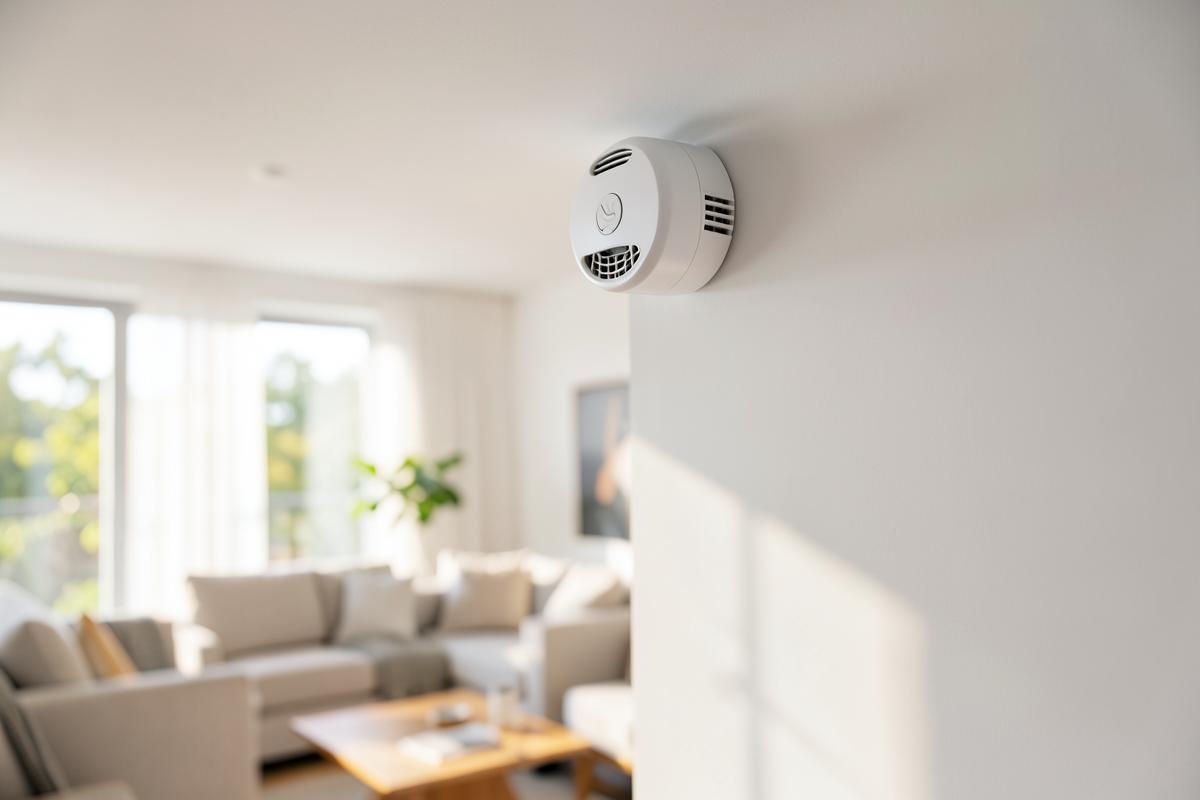 White combination smoke and carbon monoxide alarm mounted on a ceiling in a bright living room