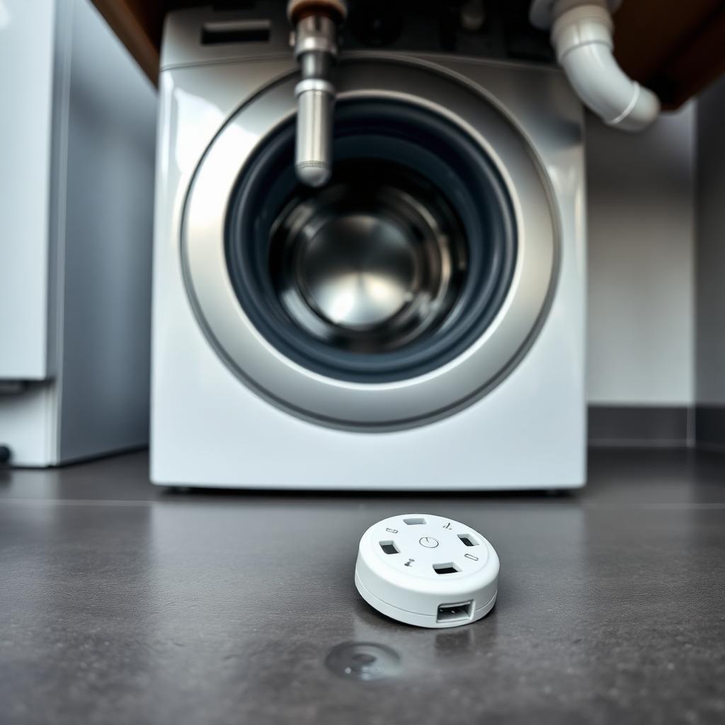 Smart water leak detector on the floor behind a washing machine and under sink pipes